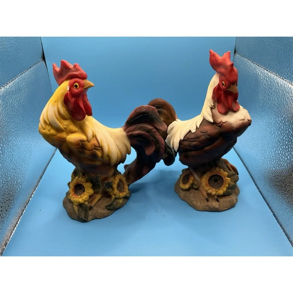 Vintage‎ Set/2 Rooster Figurines• Resin Sunflowers Country Farmhouse Decor